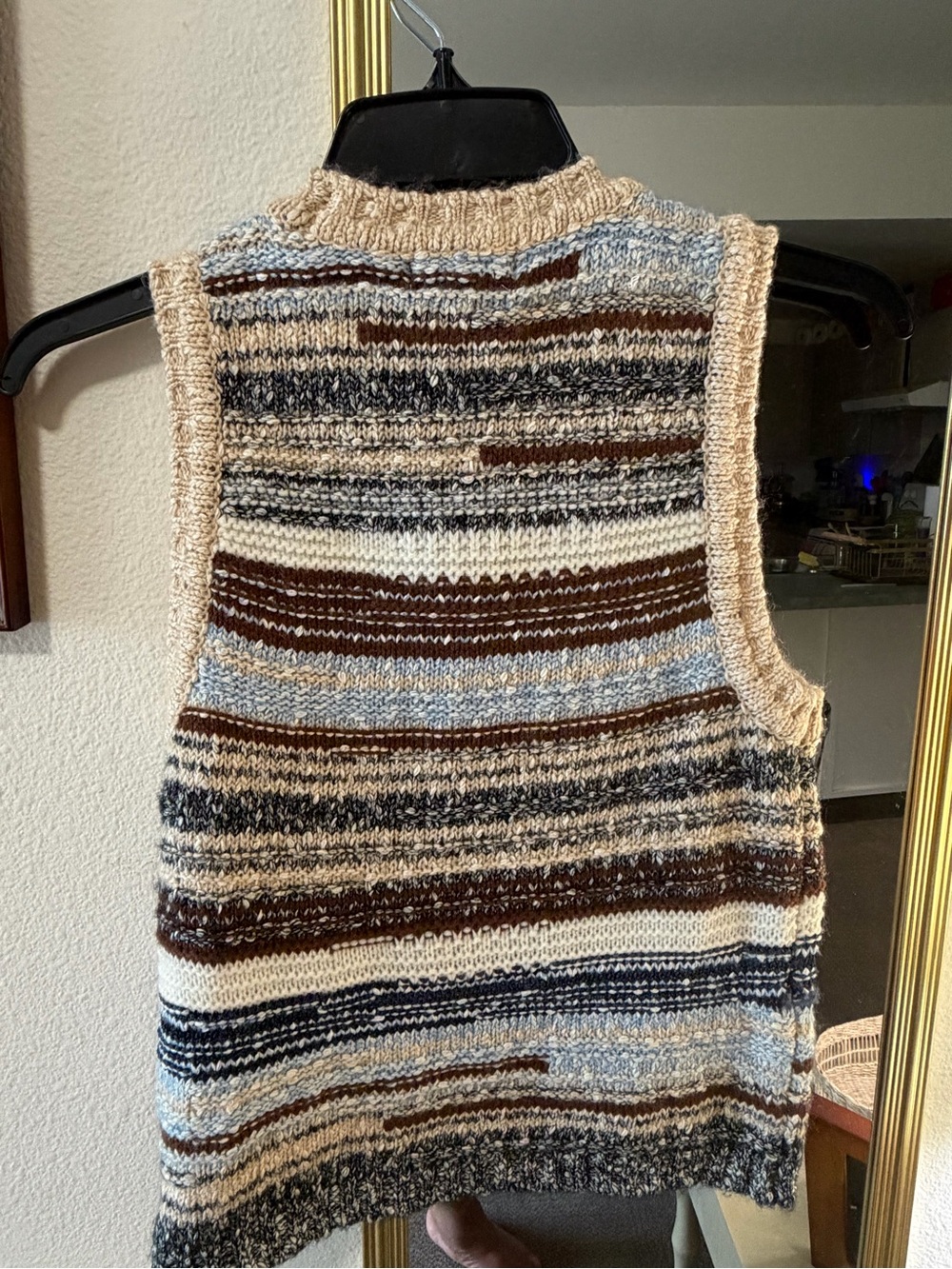 Striped Knit Sleeveless Sweater Vest in Beige, Brown & Blue